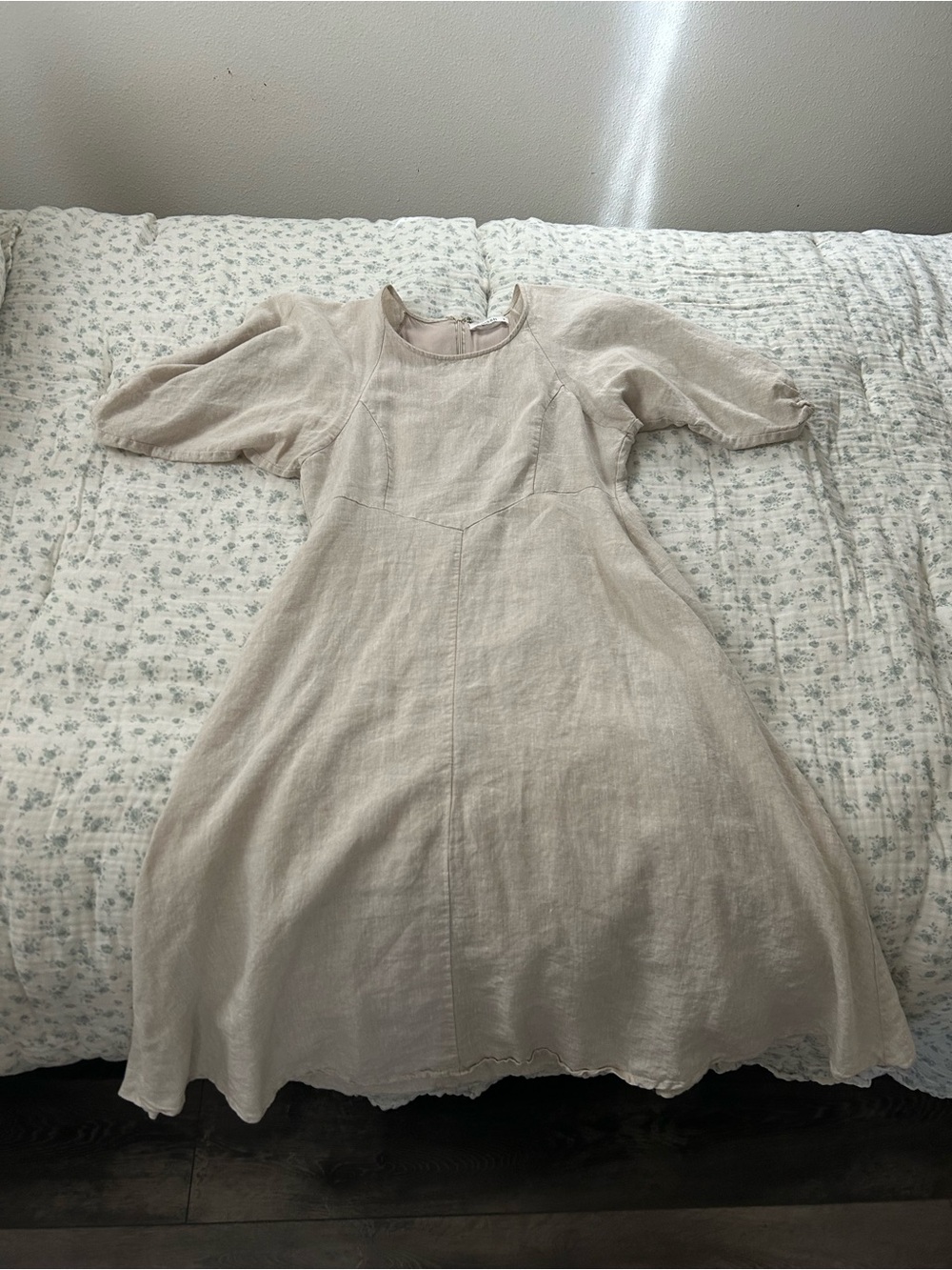 DISSH Neutral Cream Linen Puff-Sleeve Midi Dress